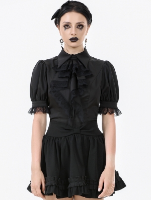 Black Gothic Women's Short Sleeve Blouse with Detachable Cravat