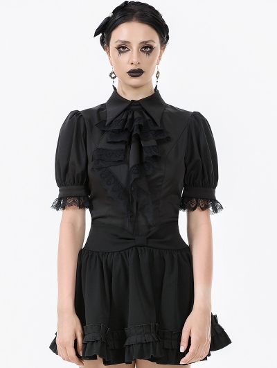 Black Gothic Women's Short Sleeve Blouse with Detachable Cravat