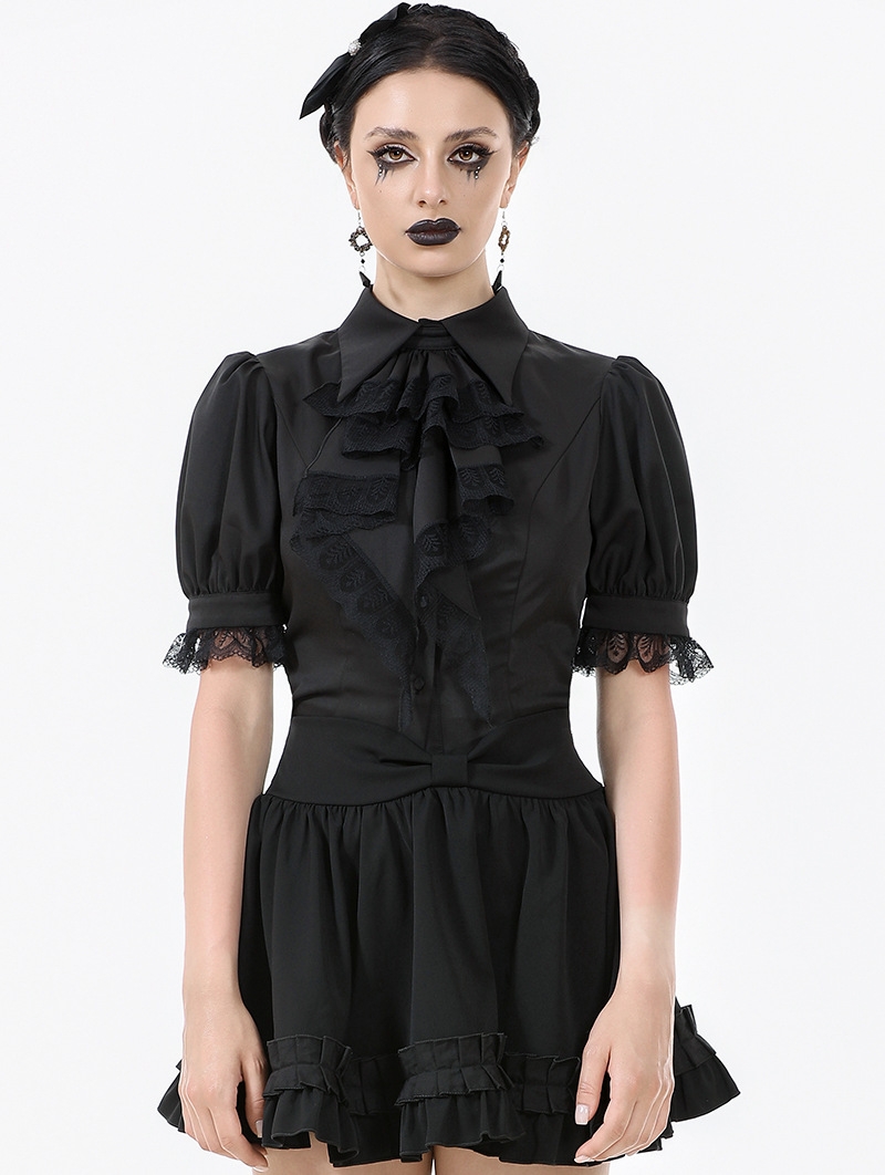 Black Gothic Women's Short Sleeve Blouse with Detachable Cravat