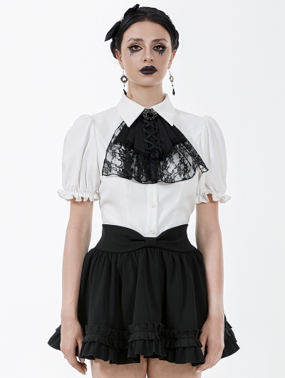 White Gothic Victorian Black Lace Cravat Blouse for Women