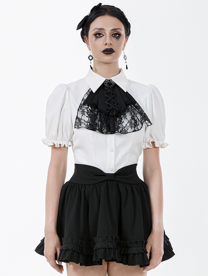 White Gothic Victorian Black Lace Cravat Blouse for Women