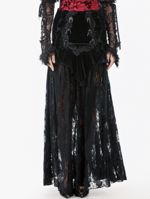 Black Gothic Velvet Sheer Lace Panelled Long Fishtail Skirt
