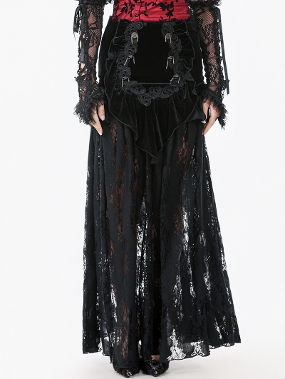 Black Gothic Velvet Sheer Lace Panelled Long Fishtail Skirt