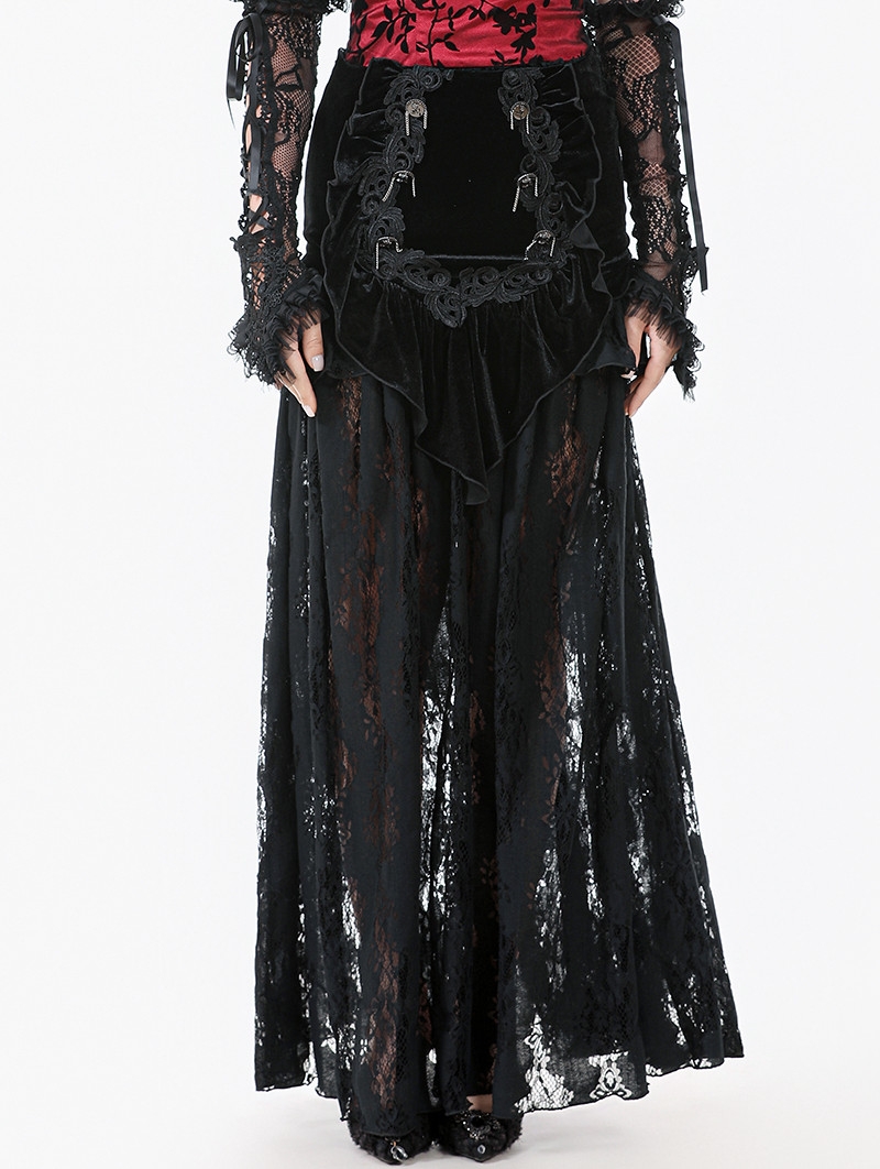 Black Gothic Velvet Sheer Lace Panelled Long Fishtail Skirt