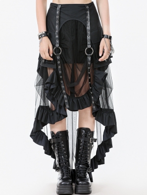 Black Gothic Metal Eyelet Punk Mesh Tail Skirt with Pockets