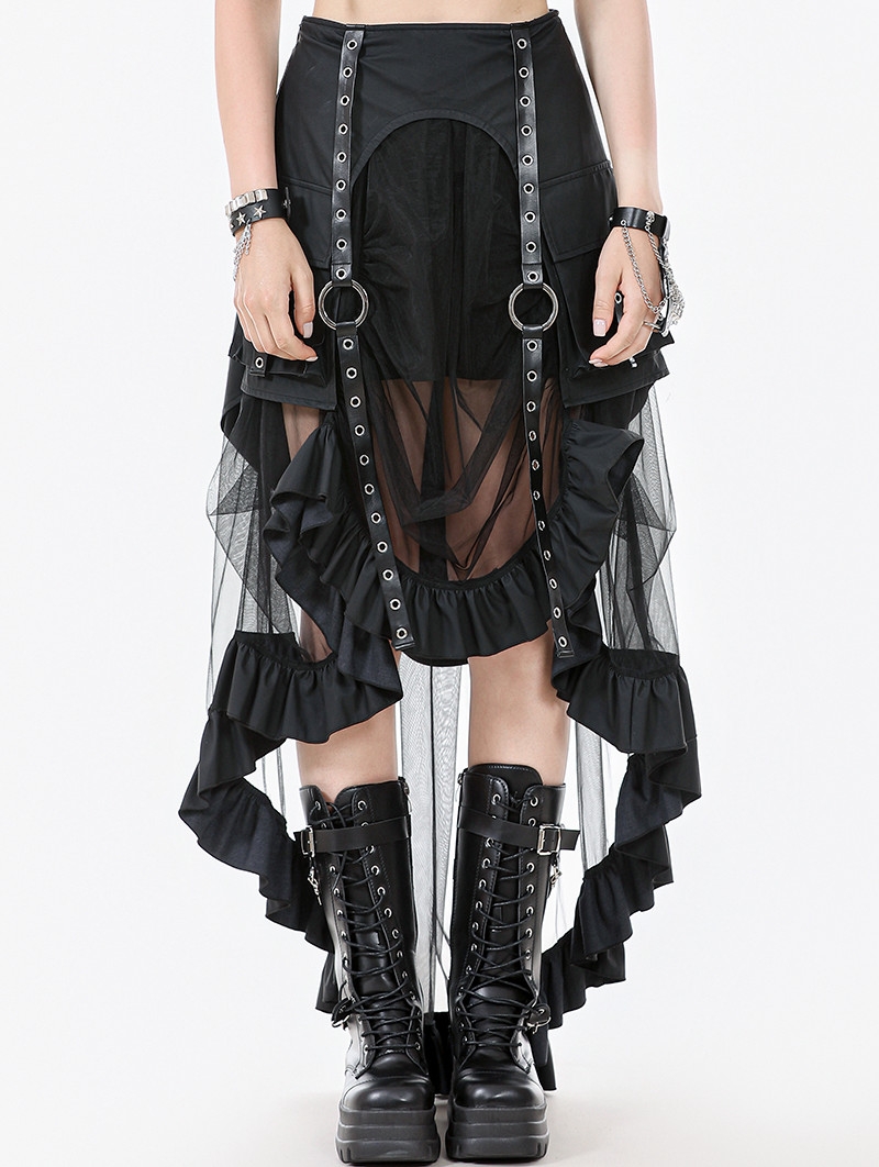 Black Gothic Metal Eyelet Punk Mesh Tail Skirt with Pockets