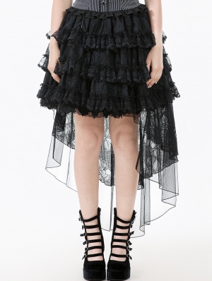Black Gothic Layered Ruffled Lace High-Low Skirt