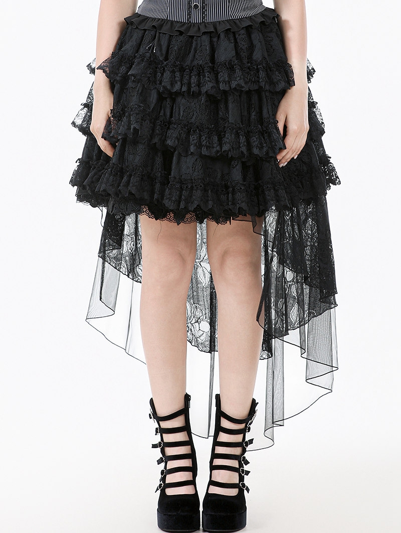 Black Gothic Layered Ruffled Lace High-Low Skirt