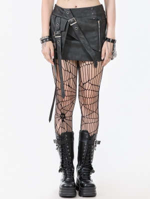 Black Gothic Punk Grommet Straps Star Studded Asymmetric Skirt