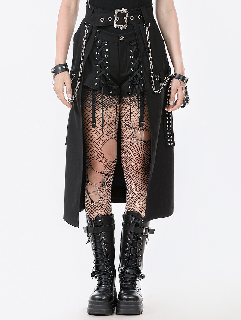 Black Gothic Rebel Punk Chain Skirt with Detachable Belt