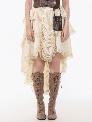 Ivory Vintage Steampunk Gothic Ruffled Layered High-Low Skirt