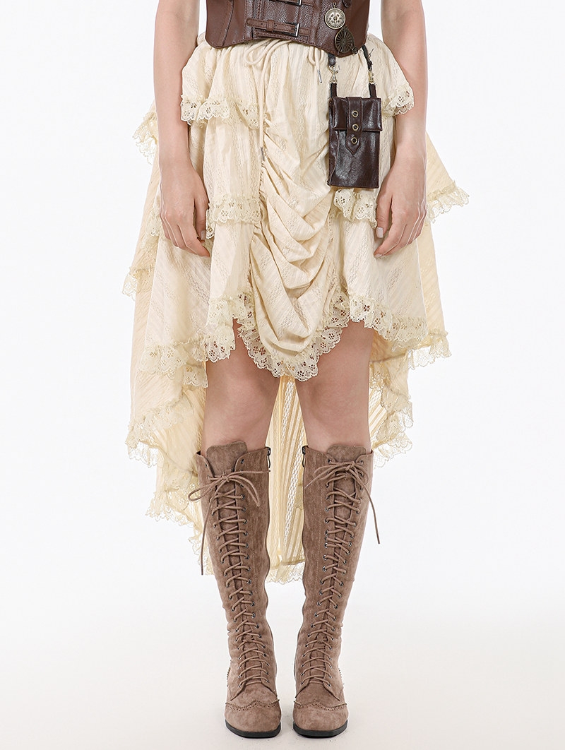 Ivory Vintage Steampunk Gothic Ruffled Layered High-Low Skirt