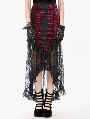 Red Glossy Velvet Lace Trim High-Low Gothic Fishtail Skirt