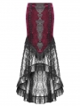 Red Glossy Velvet Lace Trim High-Low Gothic Fishtail Skirt