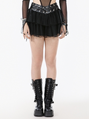 Black Gothic Punk D-Ring Tie Up Mesh Layered Mini Skirt