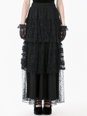 Black Gothic Polka Dot Ruched Mesh Tiered Lace Long Skirt
