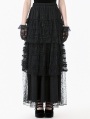 Black Gothic Polka Dot Ruched Mesh Tiered Lace Long Skirt