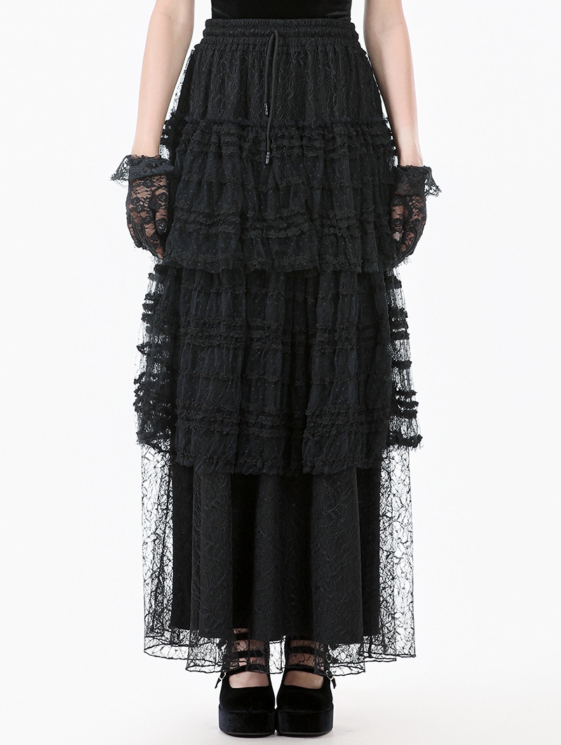 Black Gothic Polka Dot Ruched Mesh Tiered Lace Long Skirt