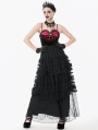 Black Gothic Polka Dot Ruched Mesh Tiered Lace Long Skirt