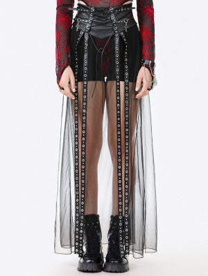 Black Gothic Rebel Leather Spliced Mesh Slit Maxi Skirt