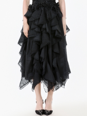 Black Gothic Irregular Layered Fluffy Chiffon Lace Skirt