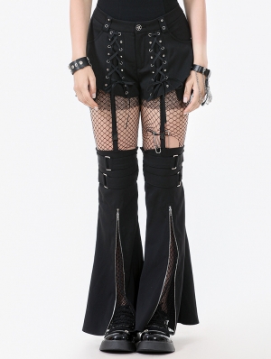 Black Gothic Punk Convertible Shorts with Zipper Legs
