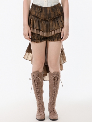 Brown Vintage Steampunk Layered Ruffle Trim Fishtail Bloomers