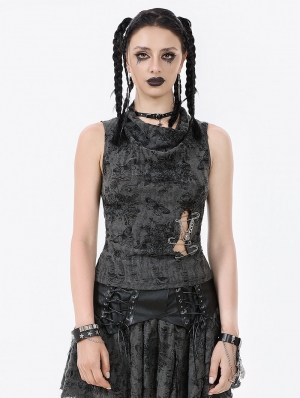 Grey Gothic Punk Distressed Rebel Chic Sleeveless Top for Women