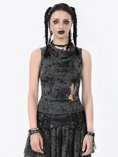 Grey Gothic Punk Distressed Rebel Chic Sleeveless Top for Women