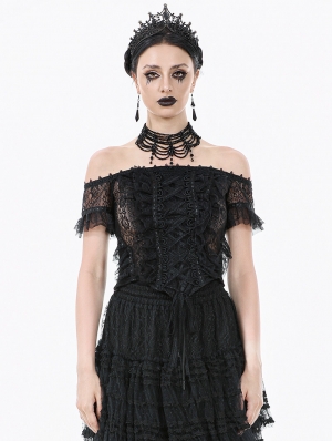 Black Gothic Off-Shoulder Floral Lace Ruffled Top for Women