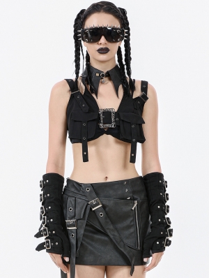 Black Gothic Rebel Punk Halter Utility Crop Top for Women