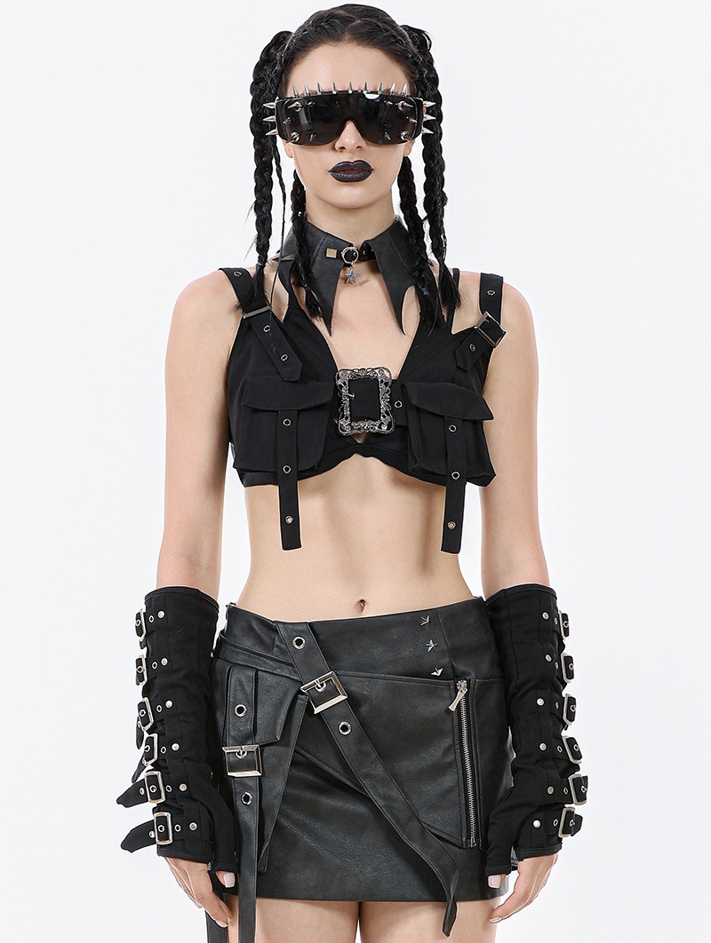 Black Gothic Rebel Punk Halter Utility Crop Top for Women