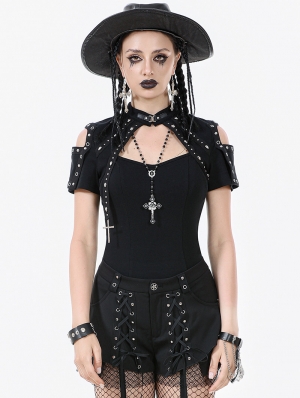 Black Dark Metal Gothic Skull Cross Short Sleeve T-Shirt for Women