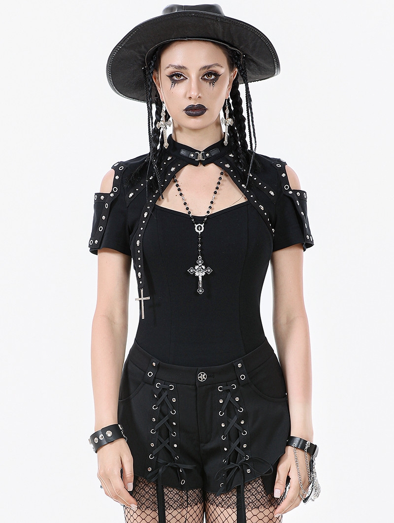 Black Dark Metal Gothic Skull Cross Short Sleeve T-Shirt for Women