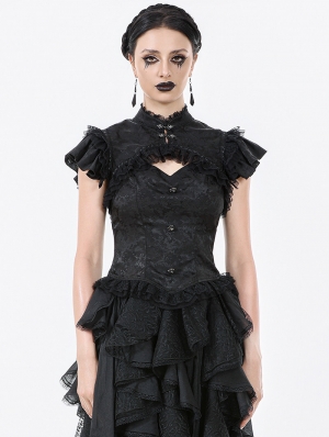 Black Vintage Gothic Hollow Out Lace Trim Jacquard Top for Women