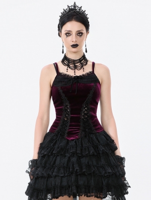 Burgundy Gothic Velvet Ruched Lace-Up Corset Top for Women