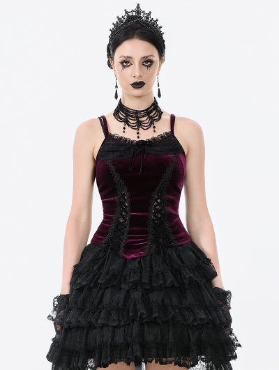 Burgundy Gothic Velvet Ruched Lace-Up Corset Top for Women