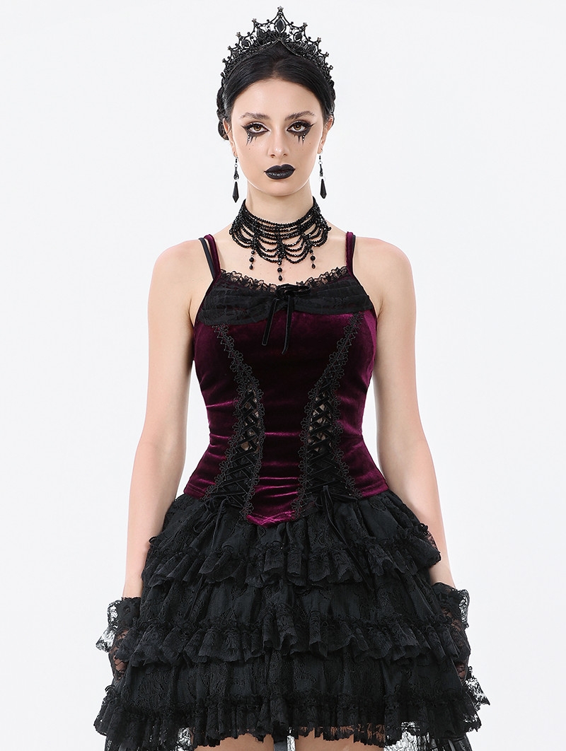 Burgundy Gothic Velvet Ruched Lace-Up Corset Top for Women