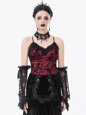 Dark Red Gothic Vintage Floral Lace Cami Top for Women