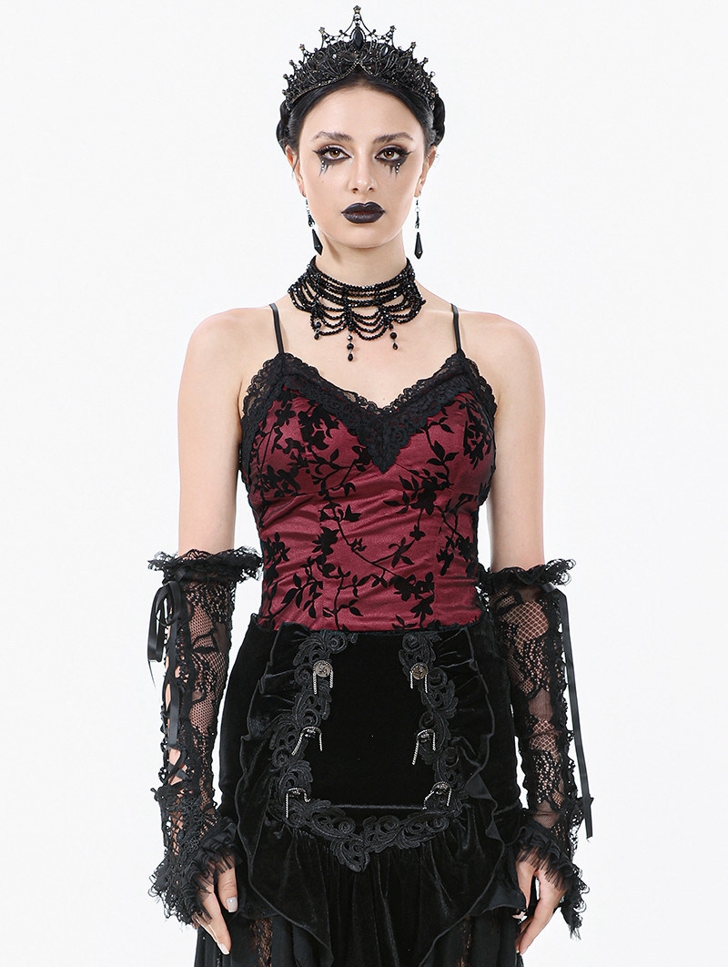 Dark Red Gothic Vintage Floral Lace Cami Top for Women