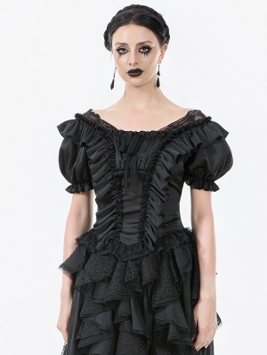 Black Gothic Romantic Rococo Lace Short Sleeve Top for Women