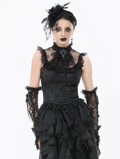Black Gothic Baroque Lace Panel Tassel Sleeveless Top for Women