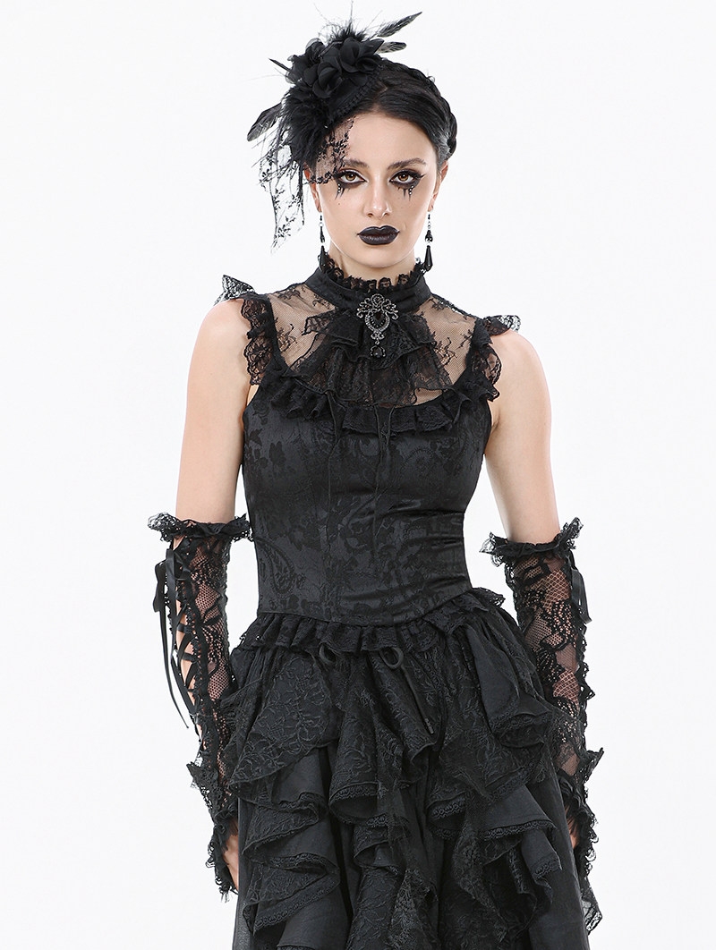 Black Gothic Baroque Lace Panel Tassel Sleeveless Top for Women