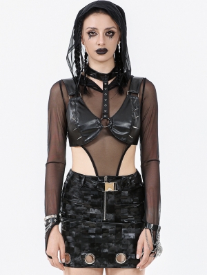Black Gothic Long Sleeve Finger Loop Hooded Mesh Bodysuit