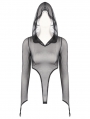 Black Gothic Long Sleeve Finger Loop Hooded Mesh Bodysuit
