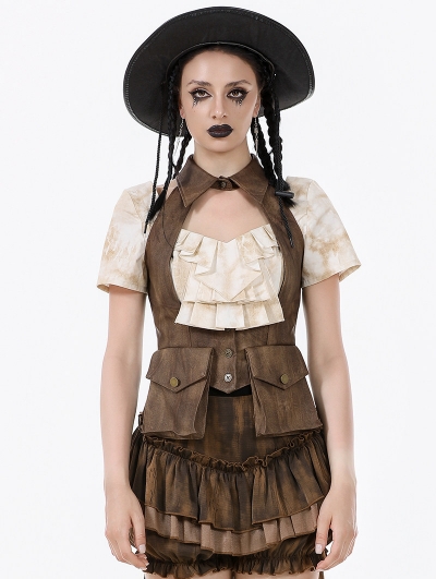 Brown Steampunk Underbust Halter Utility Cargo Vest for Women