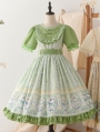 Green/Beige Cat Print Embroidery Short Sleeves Sweet Lolita OP Dress