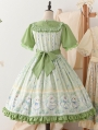 Green/Beige Cat Print Embroidery Short Sleeves Sweet Lolita OP Dress