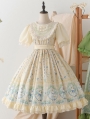 Green/Beige Cat Print Embroidery Short Sleeves Sweet Lolita OP Dress