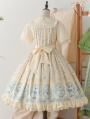 Green/Beige Cat Print Embroidery Short Sleeves Sweet Lolita OP Dress